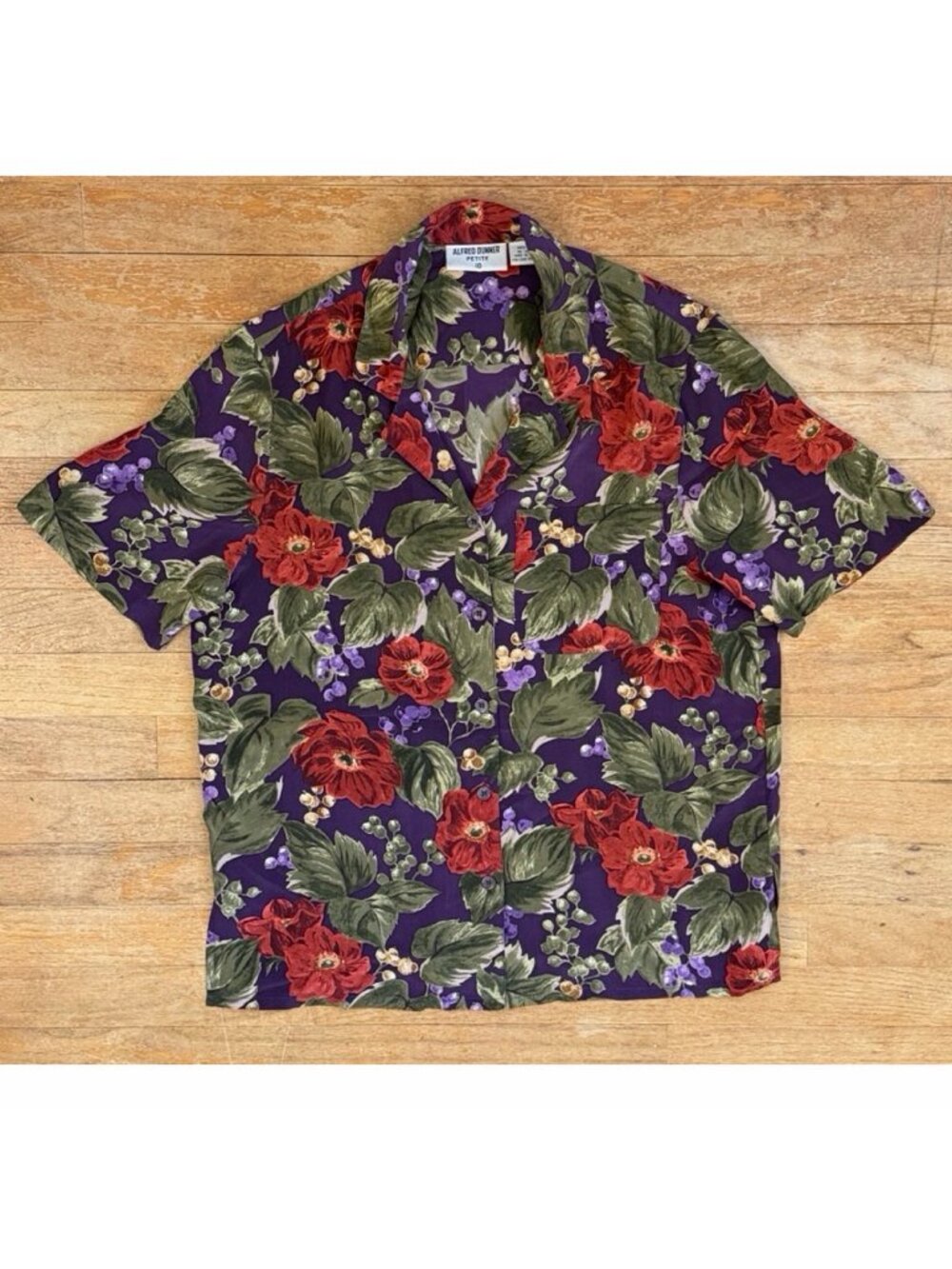 Vintage Floral Grape Print Silk Blouse Size Medium Purple Botanical Shirt Top